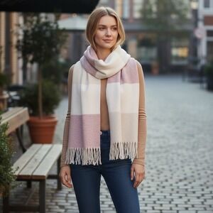 Gentle Fawn Striped Blanket Scarf Pink Cream Fringe‎ Oversized Cozy Girlhoodcore